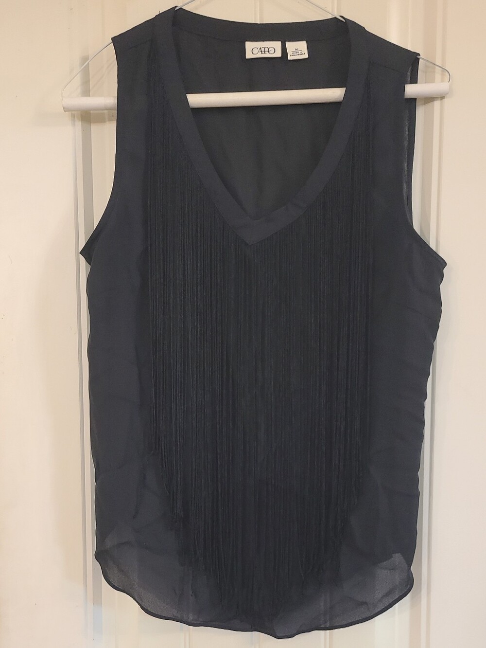 Cato Women's Black Fringe V-Neck Sleeveless Top Size M